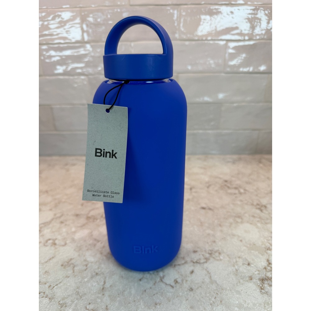 Bink Big Bottle Cobalt Blue Borosilicate Glass Water Bottle 36oz Silicone Sleeve